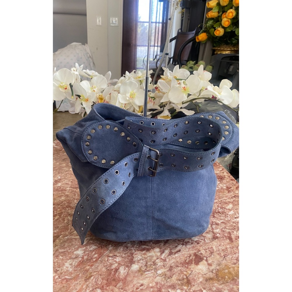 Free People Sage Blue Suede Studded Rivet Adjustable Strap Bucket Bag EUC! $148